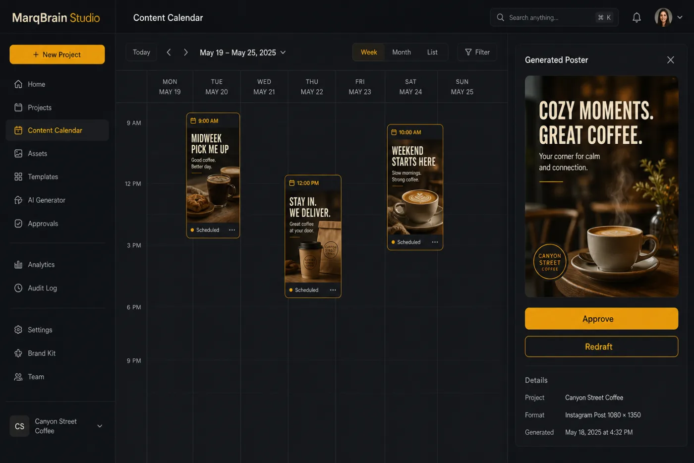 Content calendar and scheduling